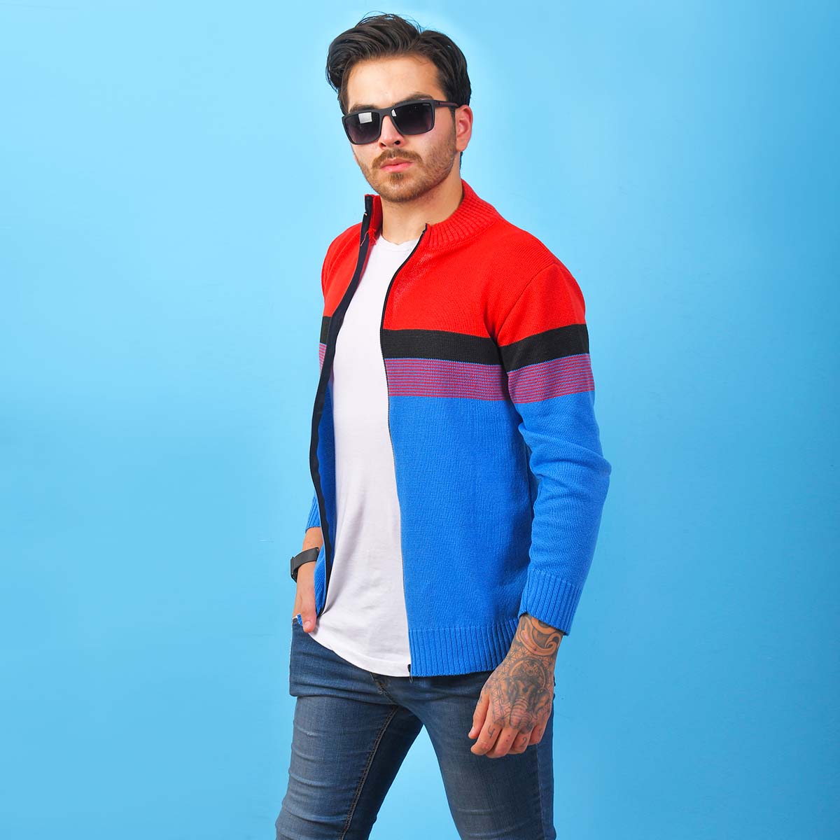 سوئیشرت بافت مردانه مدل Brenda رنگ قرمز آبی