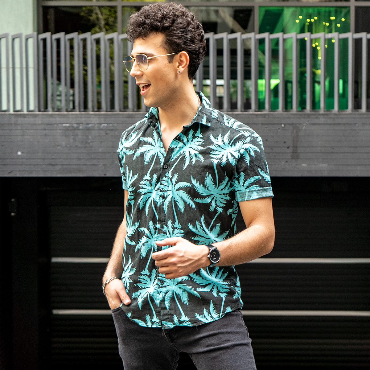 پيراهن هاوايي مردانه مشكي سبز مدل Riofer