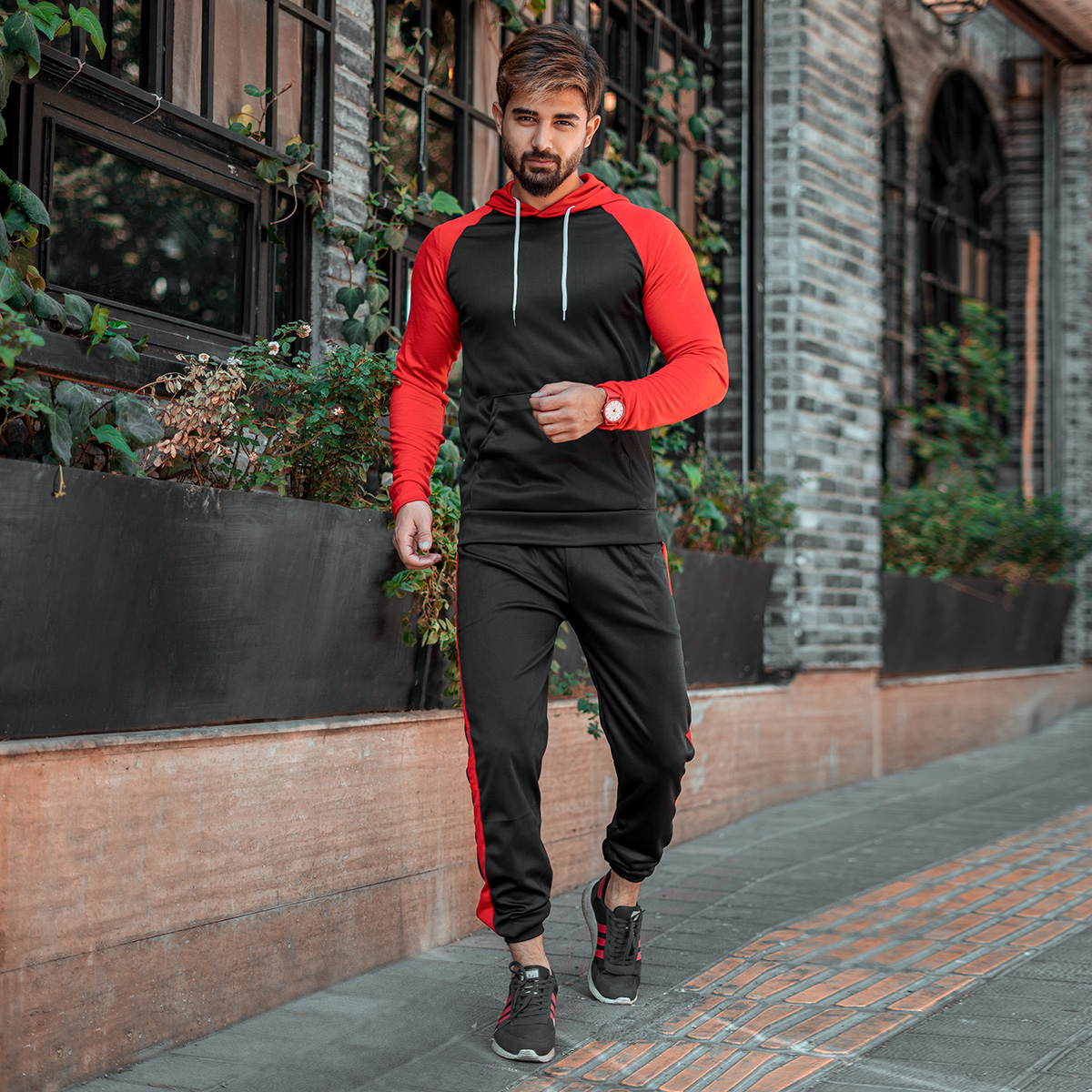 ست هودی شلوار مشکی قرمز مردانه مدلLemo