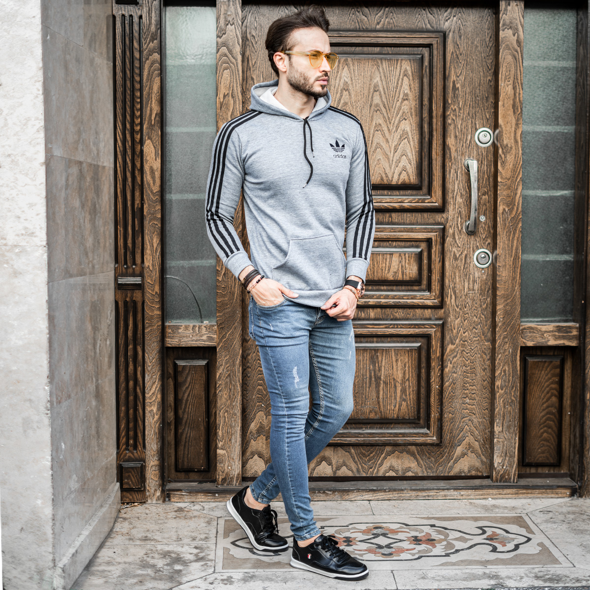 هودی مردانه آدیداس آستین خط دارمدل Tekin