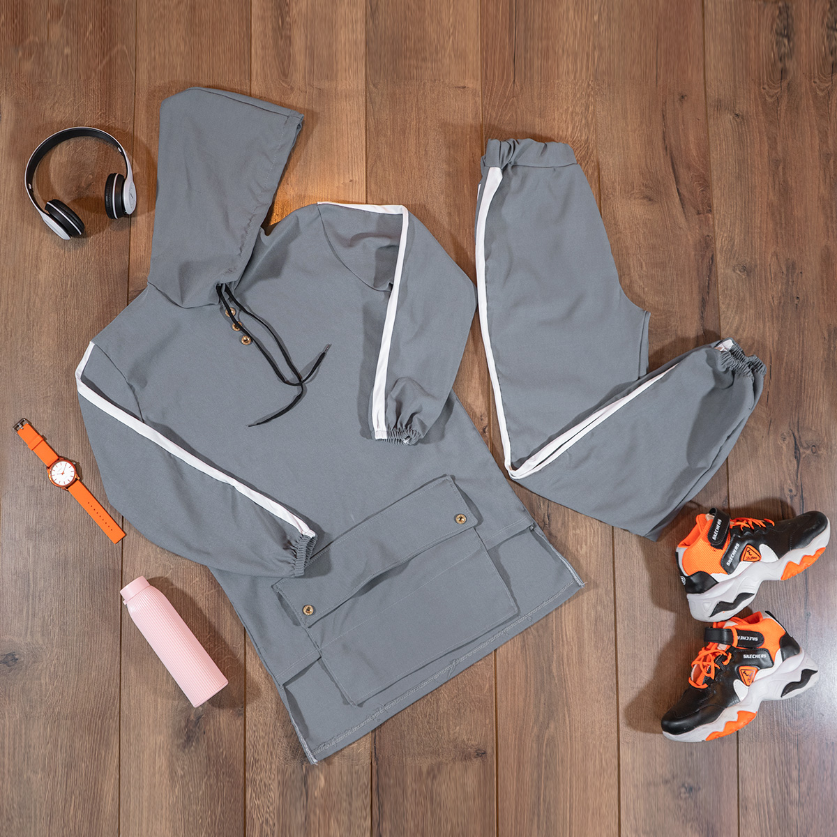 ست هودی شلوار جیب جلو طوسی دخترانه مدل Erina