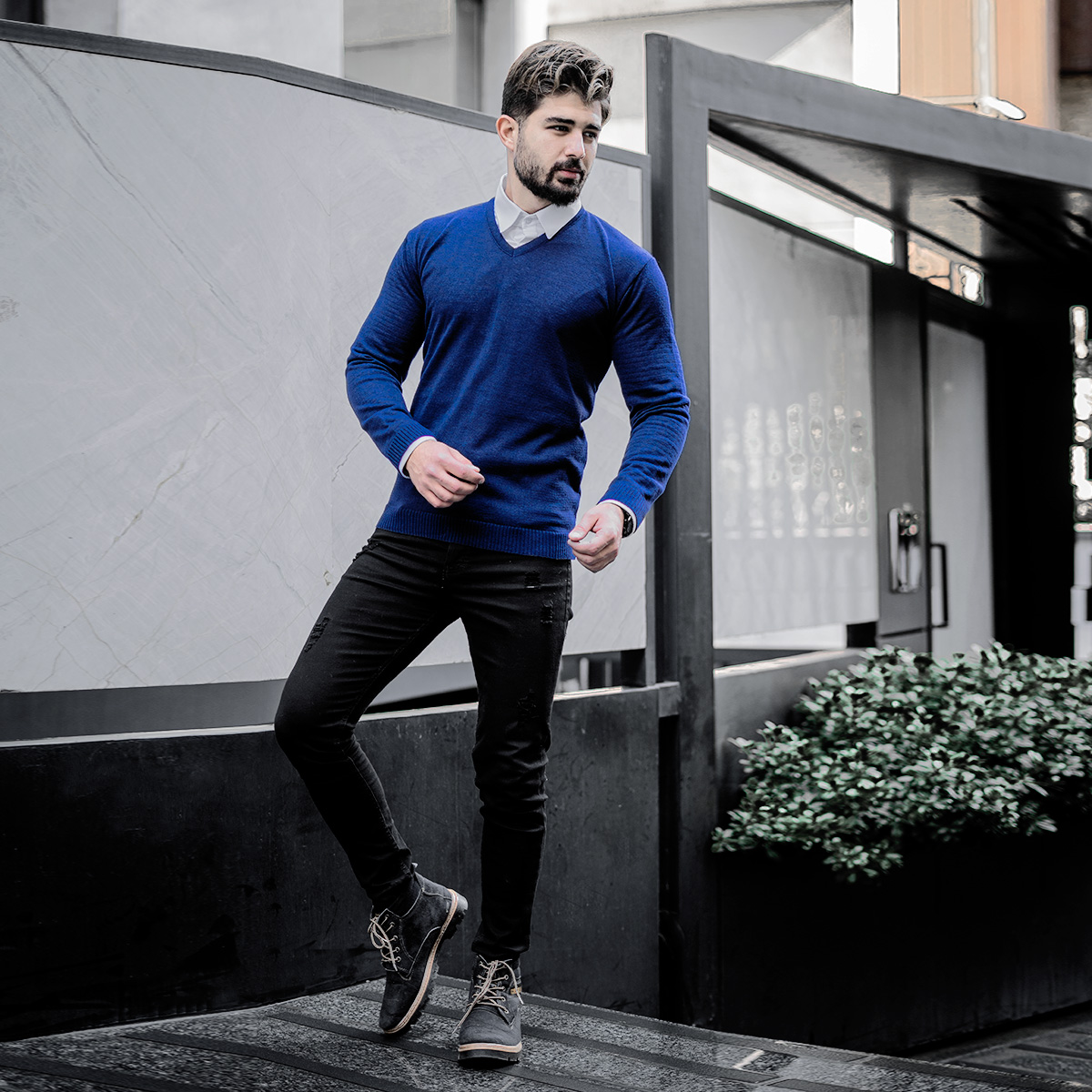 پلیوربافت یقه هفت سرمه ای مردانه مدلETM