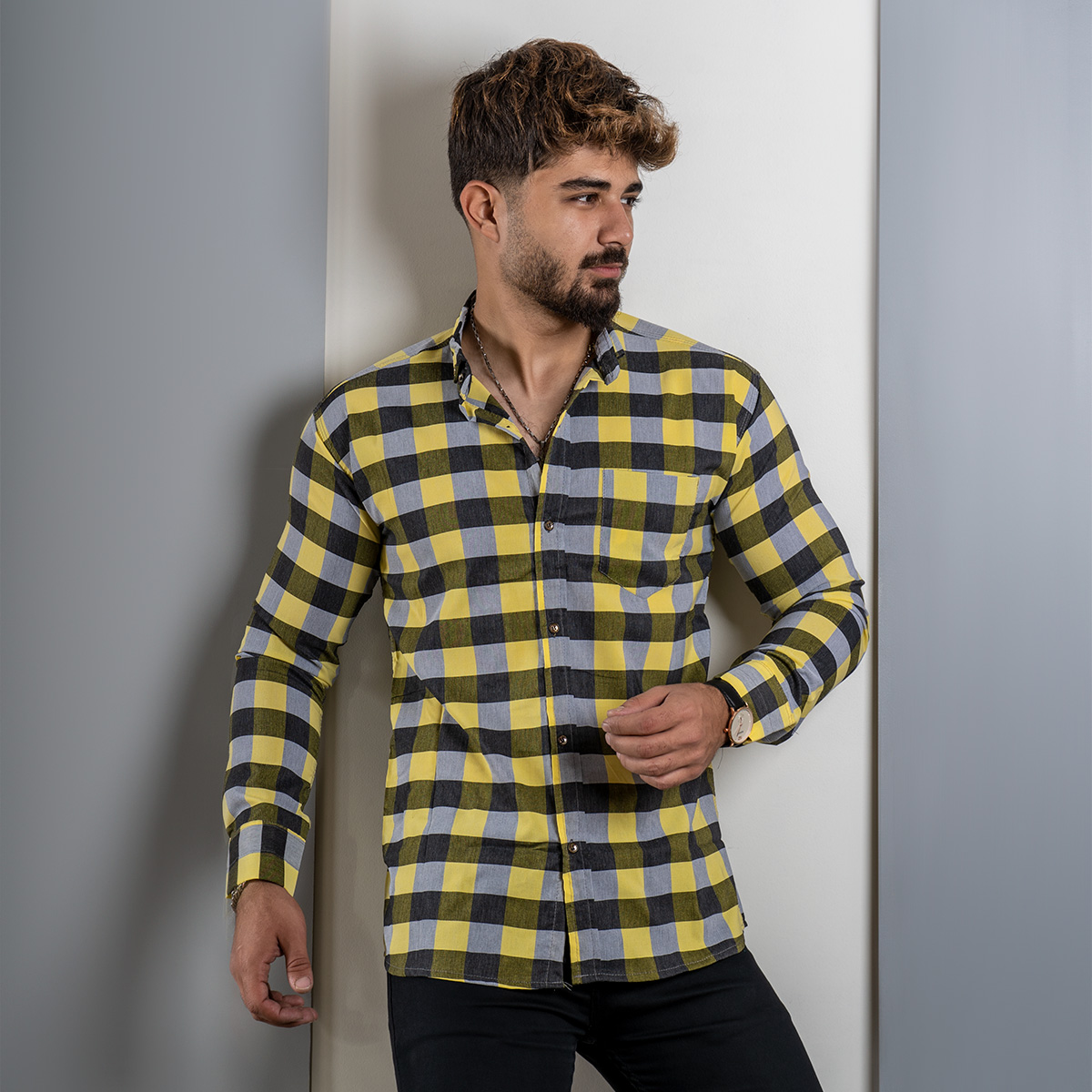 پیراهن چهارخانه زرد مردانه مدل unam