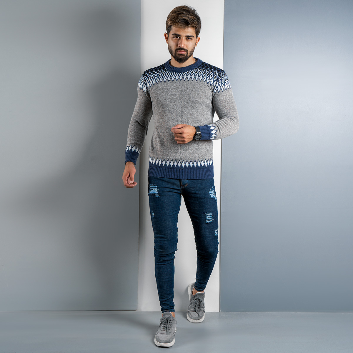 پلیور طوسی آبی(T) مردانه مدل tikal