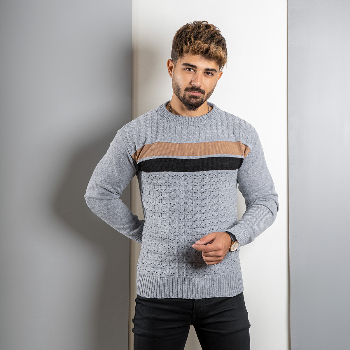 پلیور مردانه طوسی روشن (T) یقه گردمدل Ariya