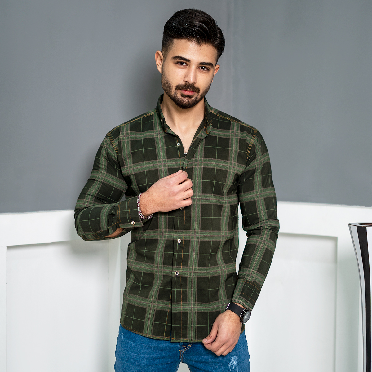 پیراهن مردانه چهارخونه سبز مردانه مدل makio