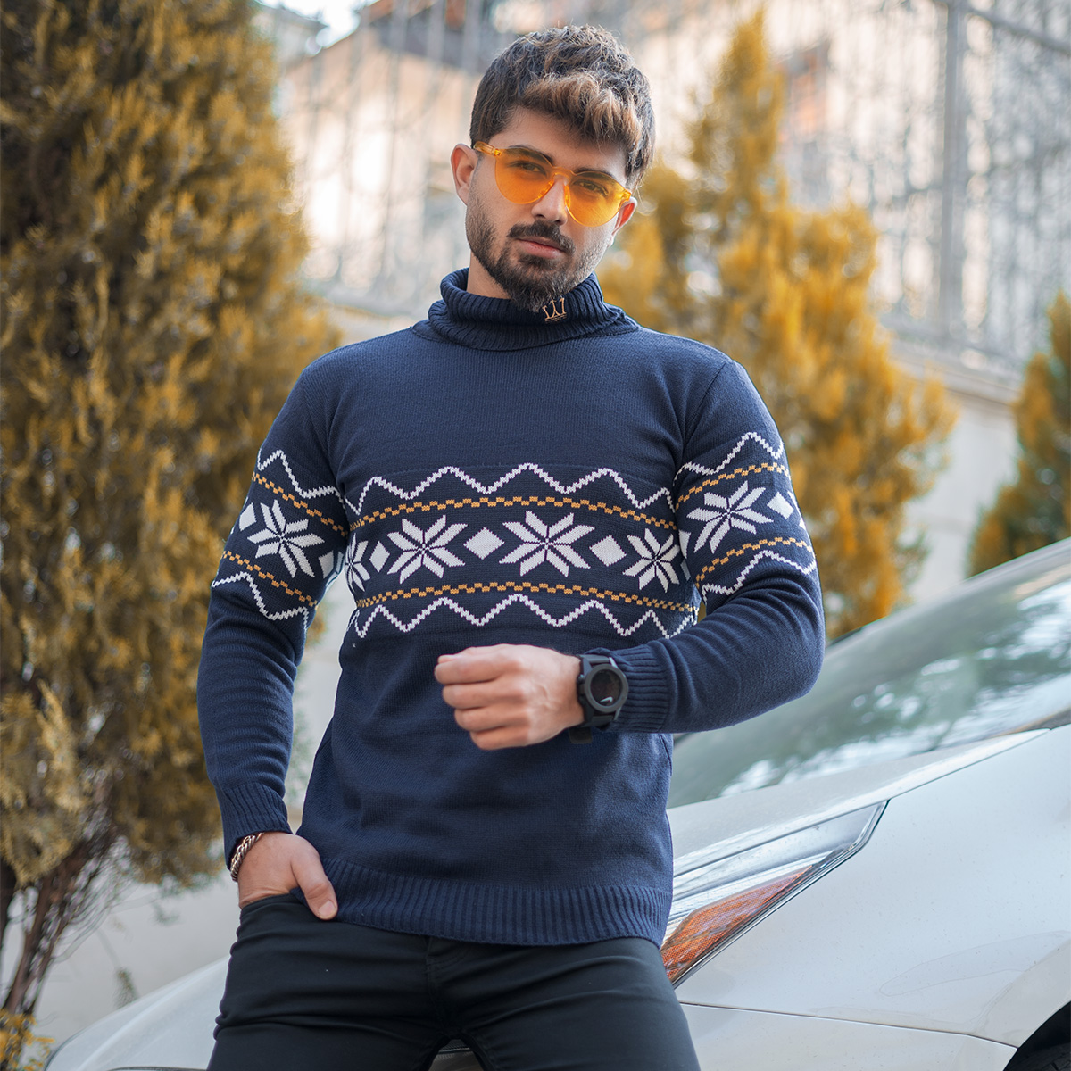 یقه اسکی سرمه ای حاشیه زرد مدل Arja