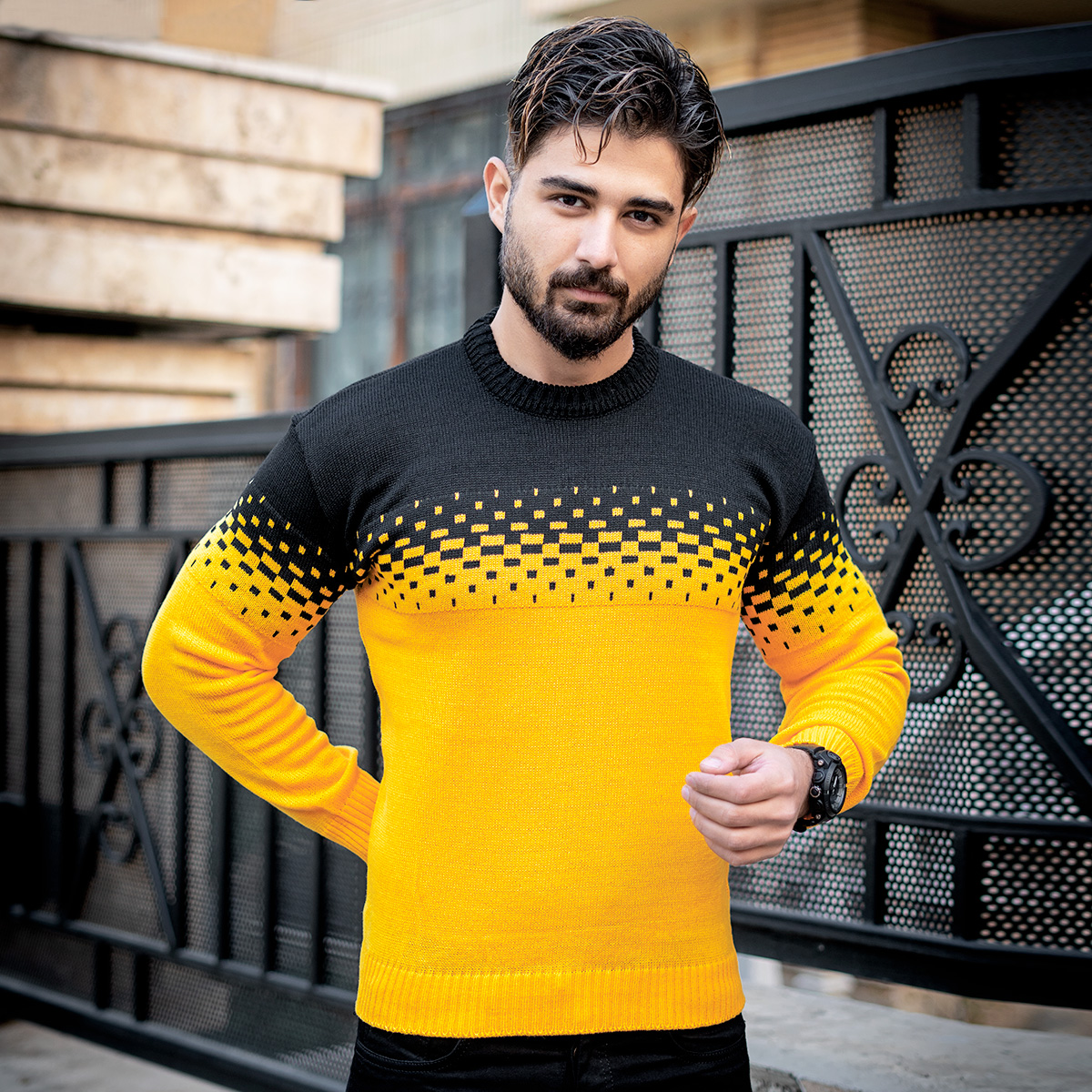 پلیور مشکی زرد مردانه مدلShatel