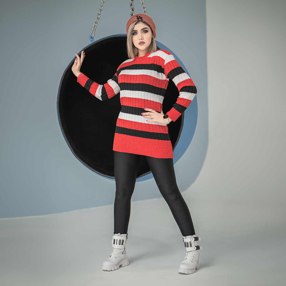 تونیک بافت زنانه راه راه سرخابی مشکی مدل kareno