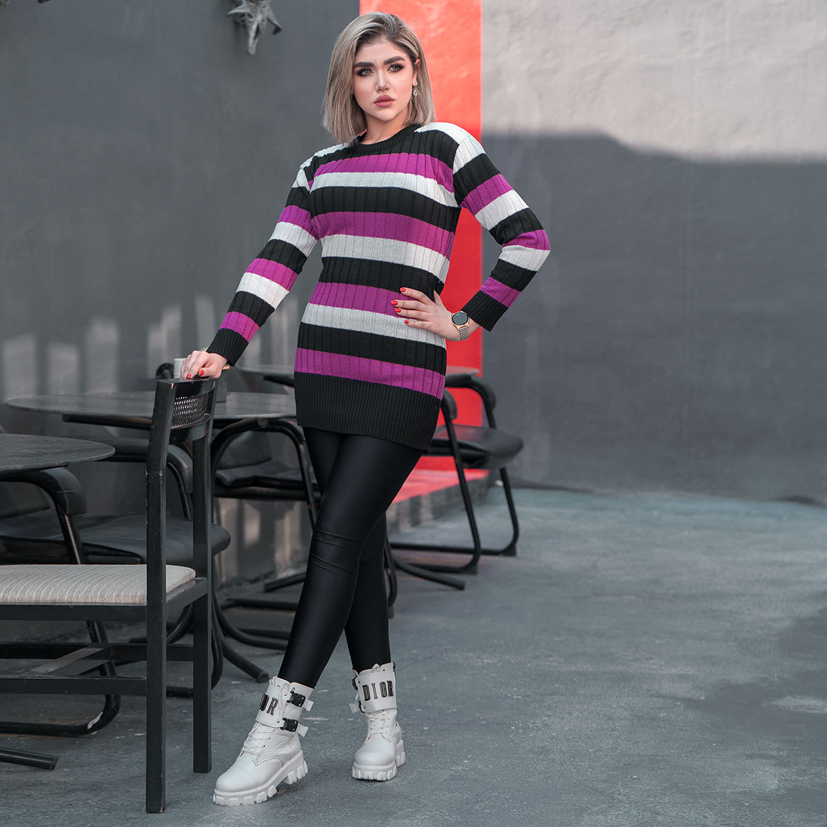 تونیک بافت زنانه راه راه بنفش مشکی مدل kareno