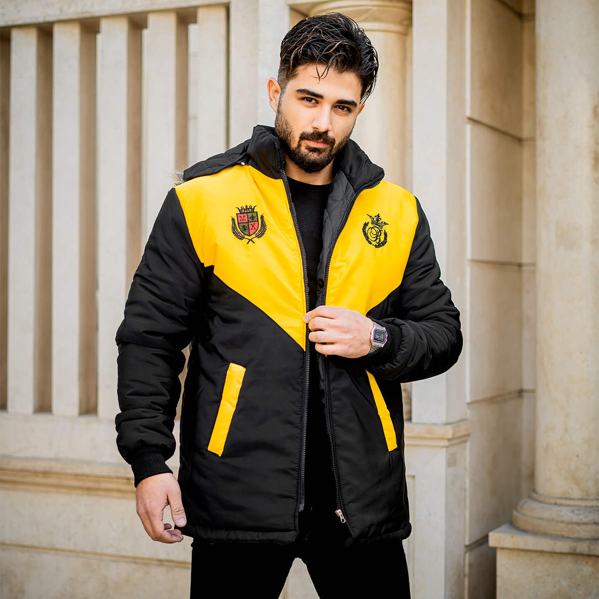 کاپشن مردانه مشکی زرد مدل Arin