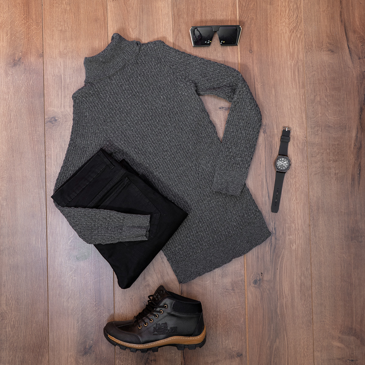 پلیور یقه اسکی مردانه طوسی تیره مدل Oktav