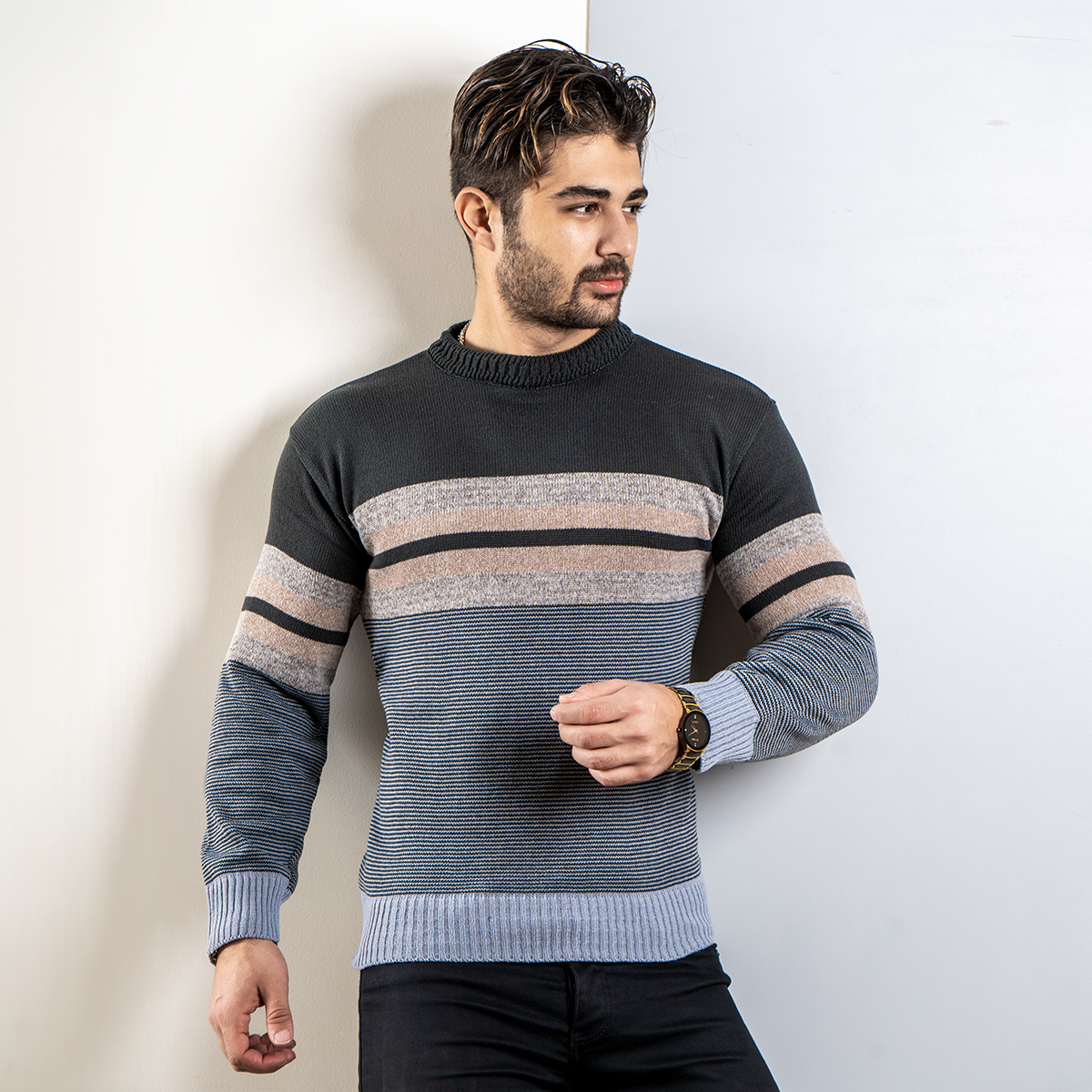 پلیور راه راه مشکی کرم(T) مردانه مدل yalan