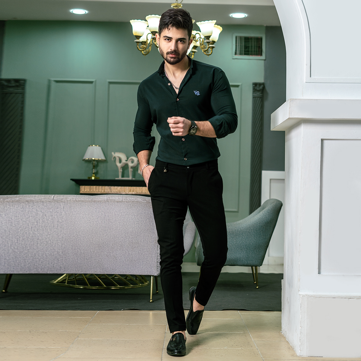 پیراهن مردانه سبز یشمی مدل VQ