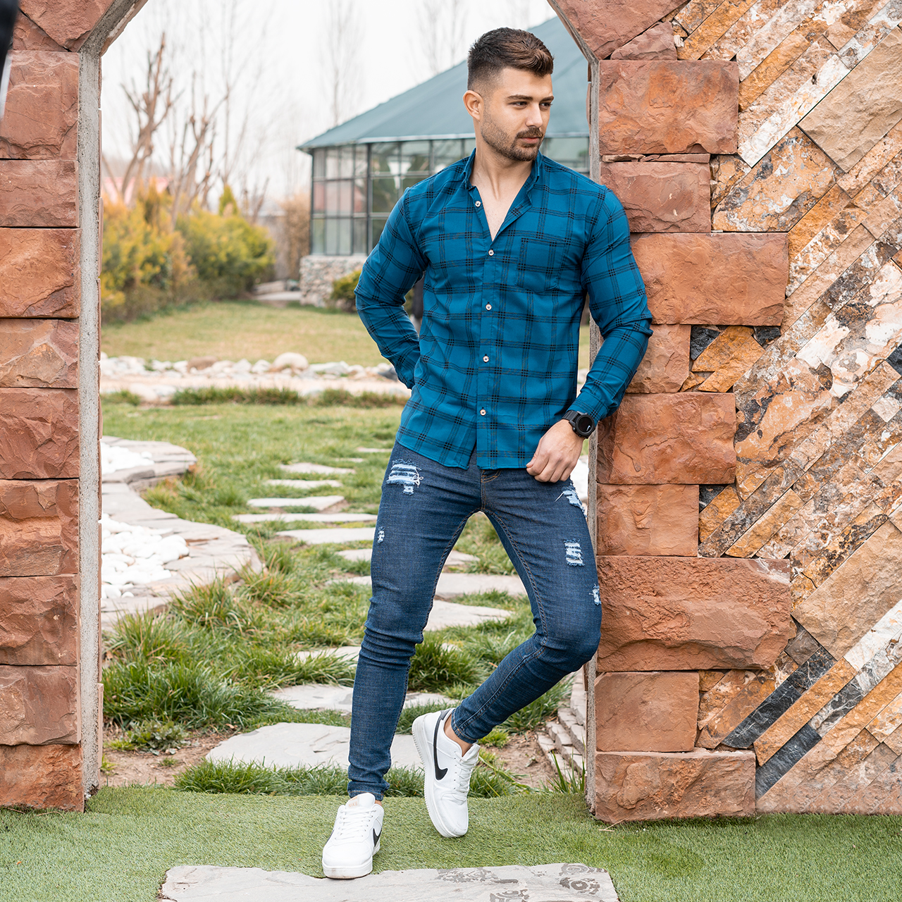 پیراهن مردانه چهارخونه آبی مدل Ravin