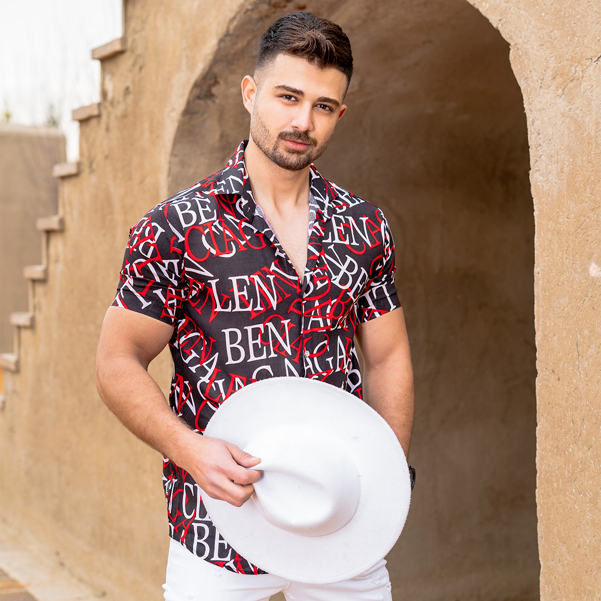 پیراهن هاوایی مردانه مشکی قرمز مدل ABC