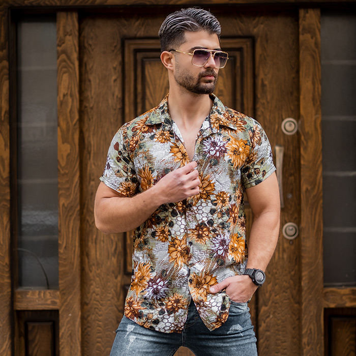 پیراهن مردانه گل آفتابگران قهوه ای مدل 57