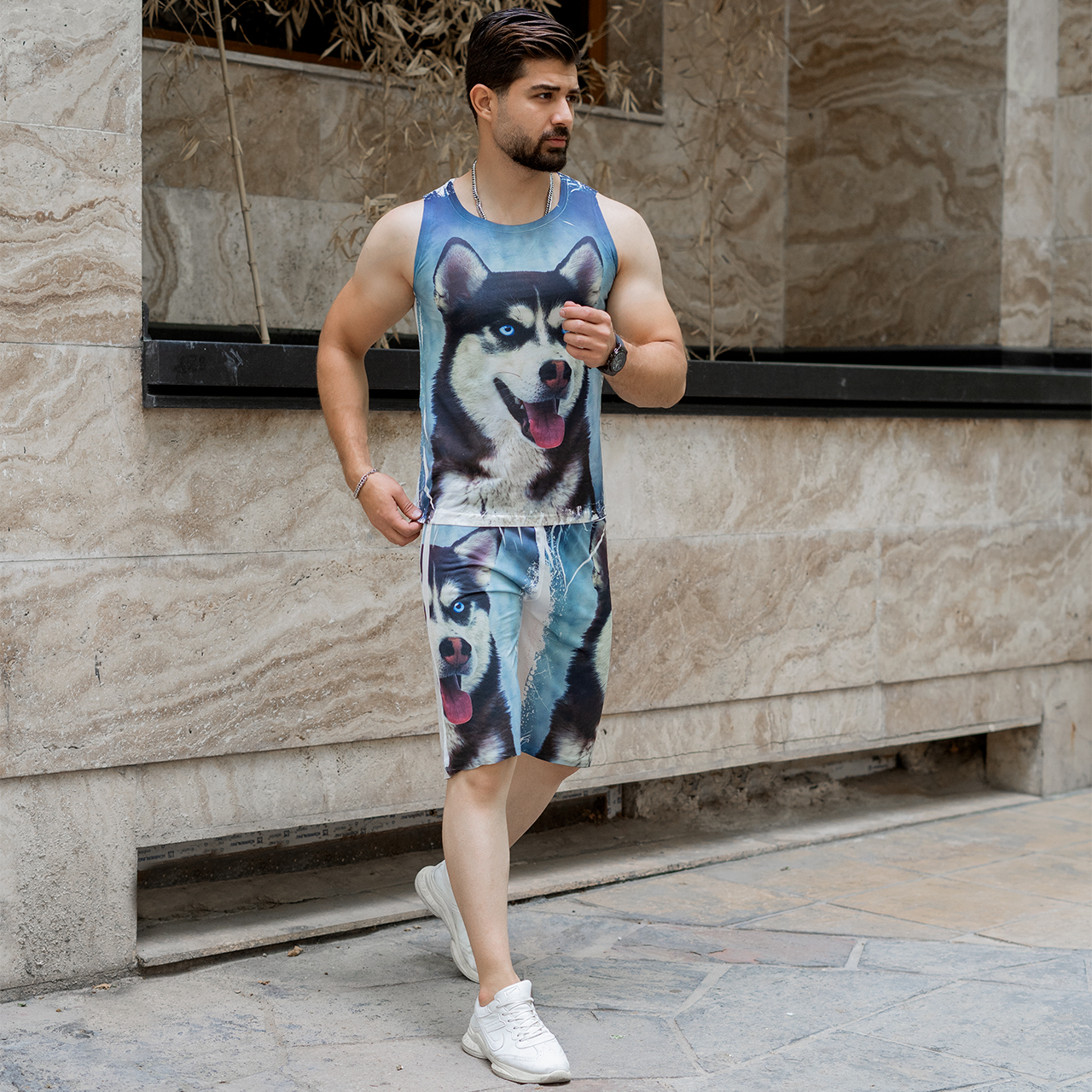 ست رکابی شلوارک آبی مردانه مدل Husky