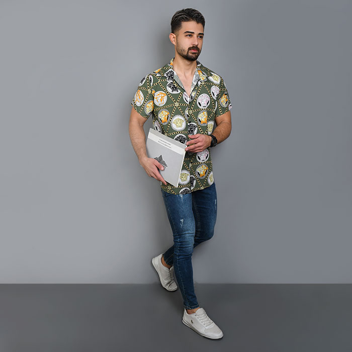 پیراهن هاوایی مردانه ورساچه سبز مدل p8
