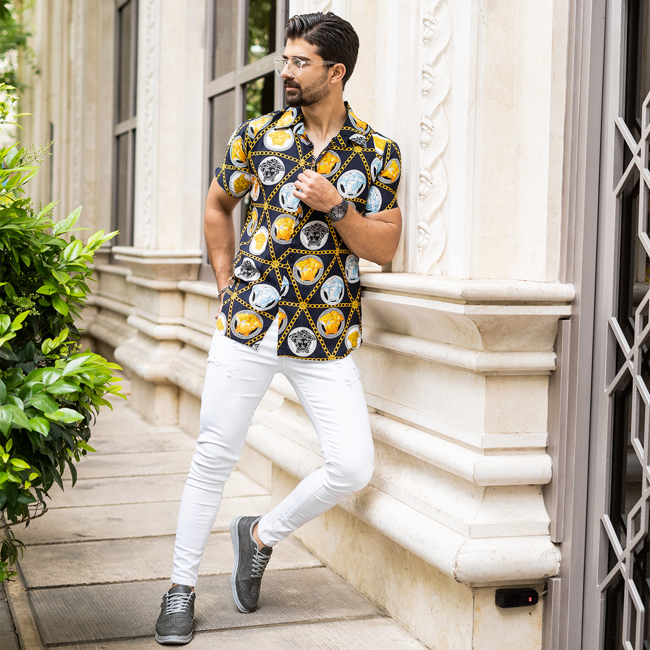 پیراهن هاوایی مردانه ورساچه سرمه ای مدل p8