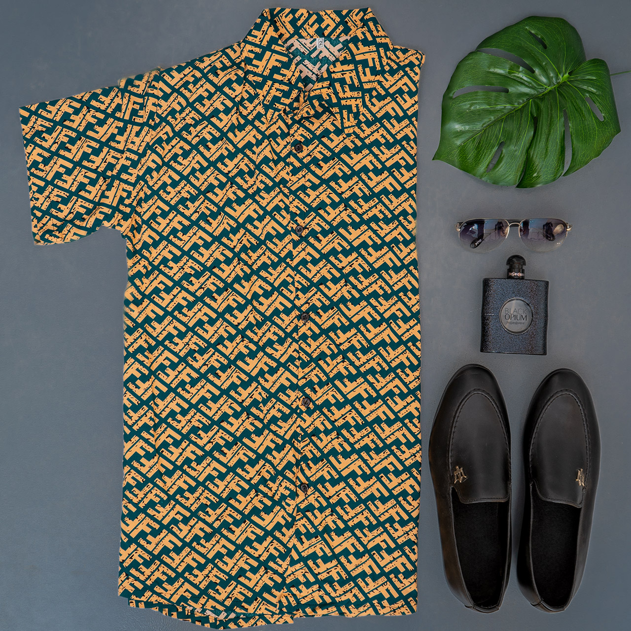 پیراهن هاوایی طرح فندی زرد مردانه مدل F82