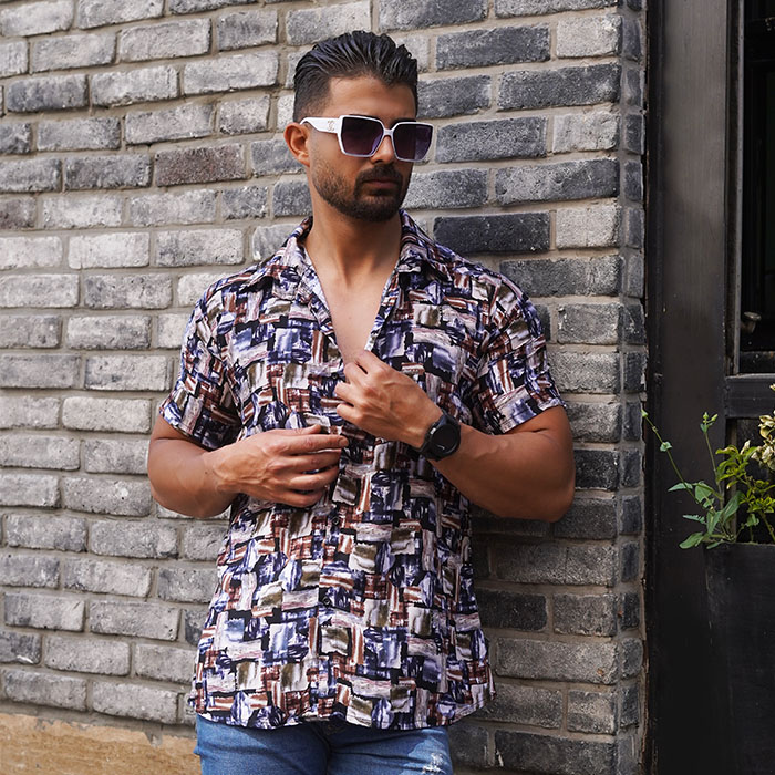 پیراهن هاوایی آبرنگی مربعی مردانه مدل T22