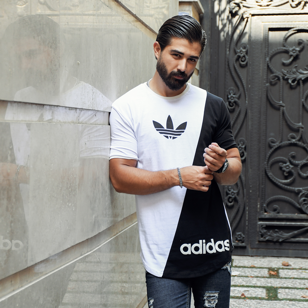تیشرت Adidasسفید مشکی مردانه مدلBehnam