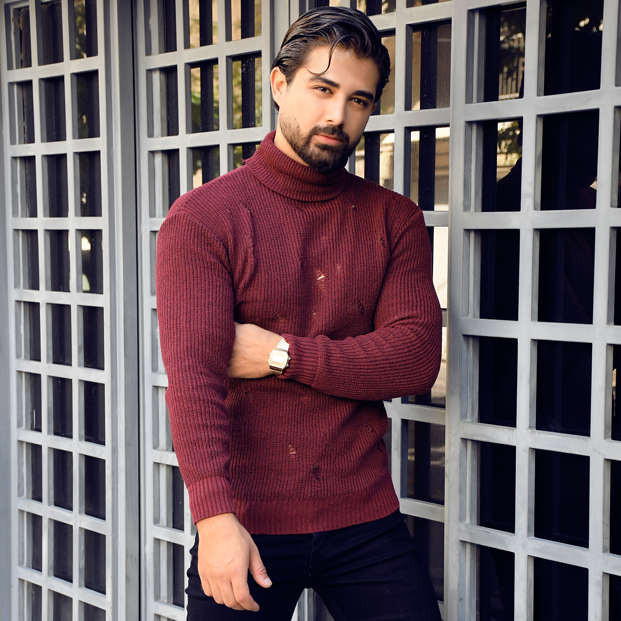 پلیور یقه اسکی زرشکی زاپ دار مردانه مدل U10