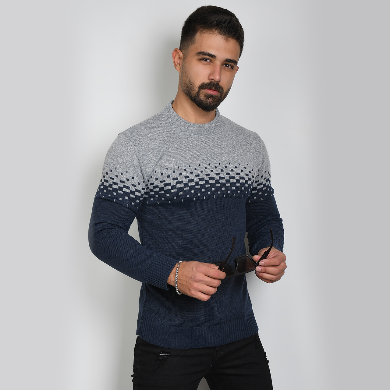 پلیور مردانه دو رنگ سرمه ای طوسی مدلShatel