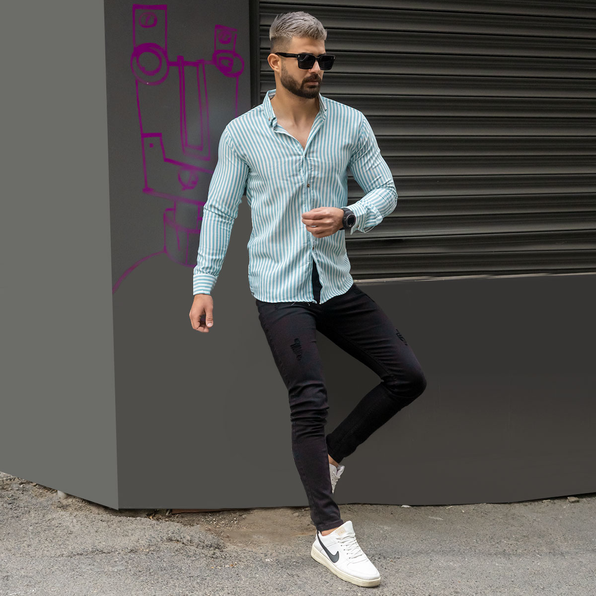 پیراهن راه راه آبی سفید مردانه مدل HAMED