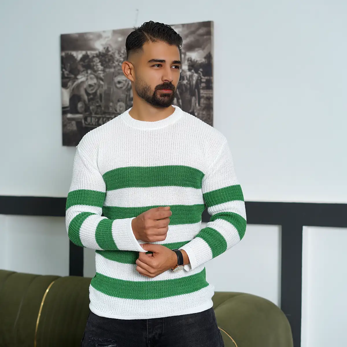 پلیور مردانه راه راه سفید سبز مدل Mahyad