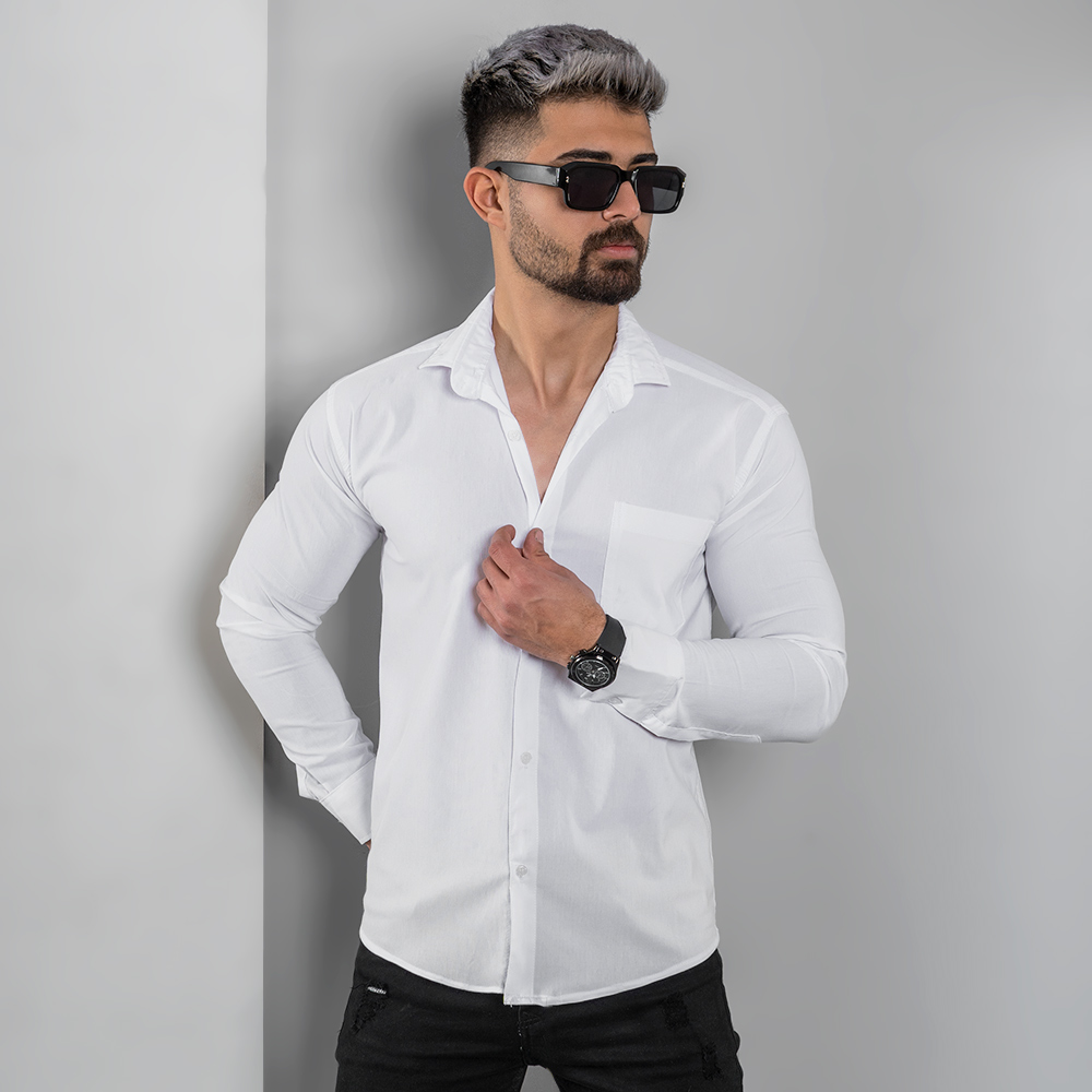 پیراهن مردانه سفید ساده جیب دار مردانه مدل VQ