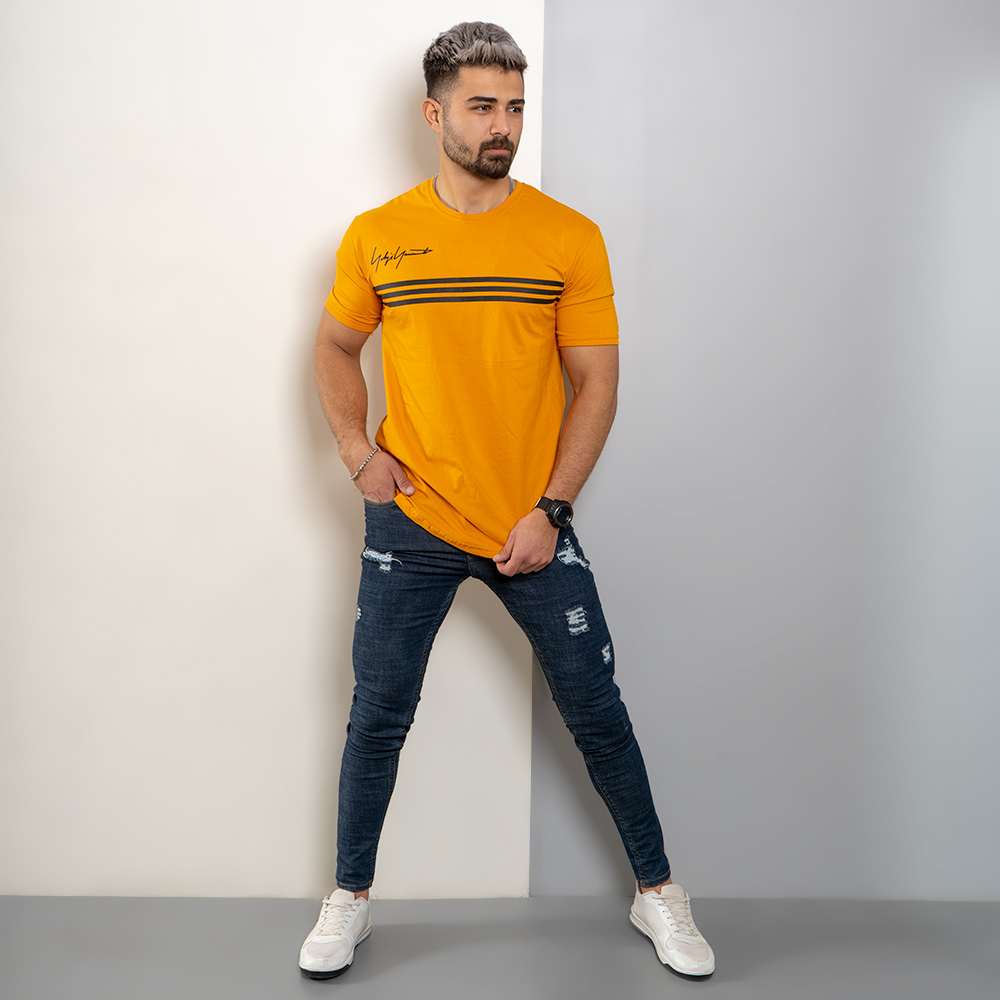 تیشرت مردانه سه خط خردلی مدل DENVER