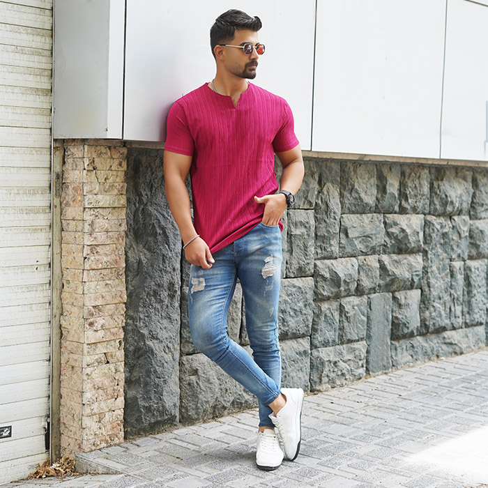 تیشرت مردانه زرشکی آستین کوتاه مدل Bardia