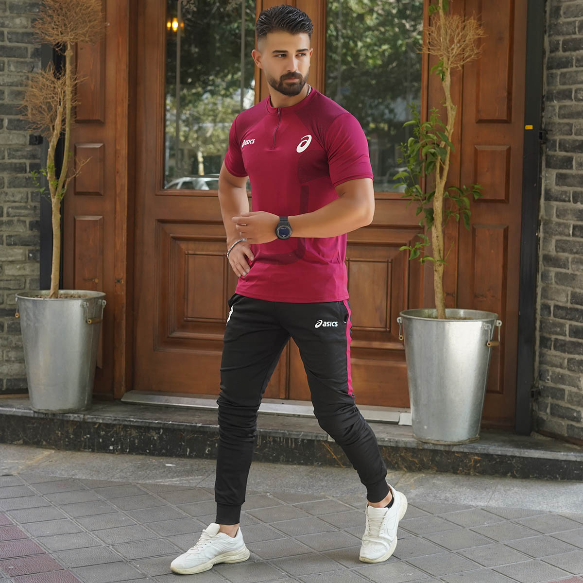 ست تیشرت شلوار مردانه زرشکی مدل ASICS