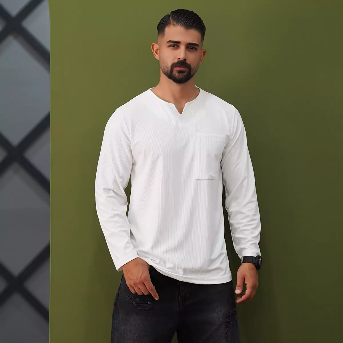 تیشرت آستین بلند یقه کوبایی سفیدمردانه مدل Asam