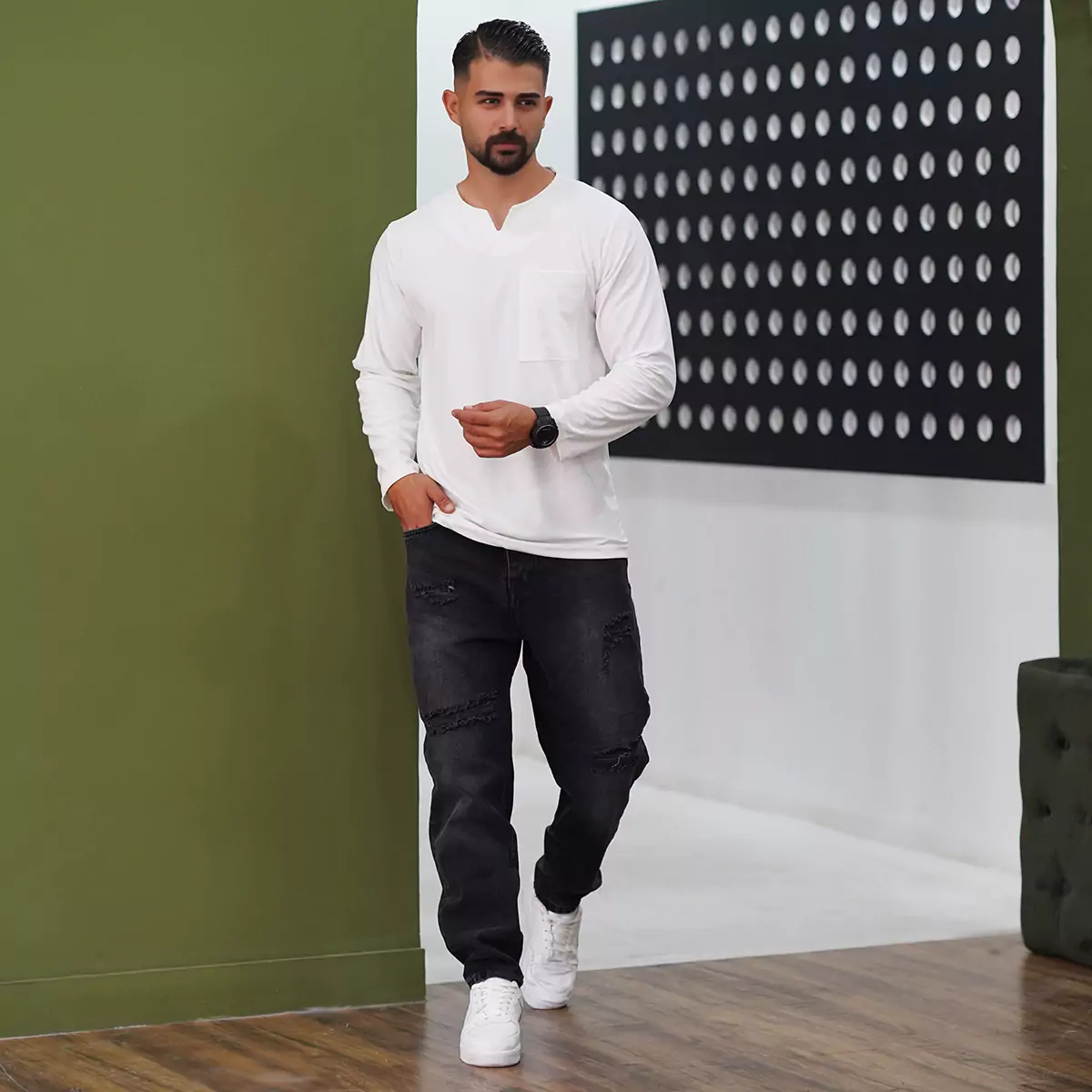 تیشرت آستین بلند یقه کوبایی سفیدمردانه مدل Asam