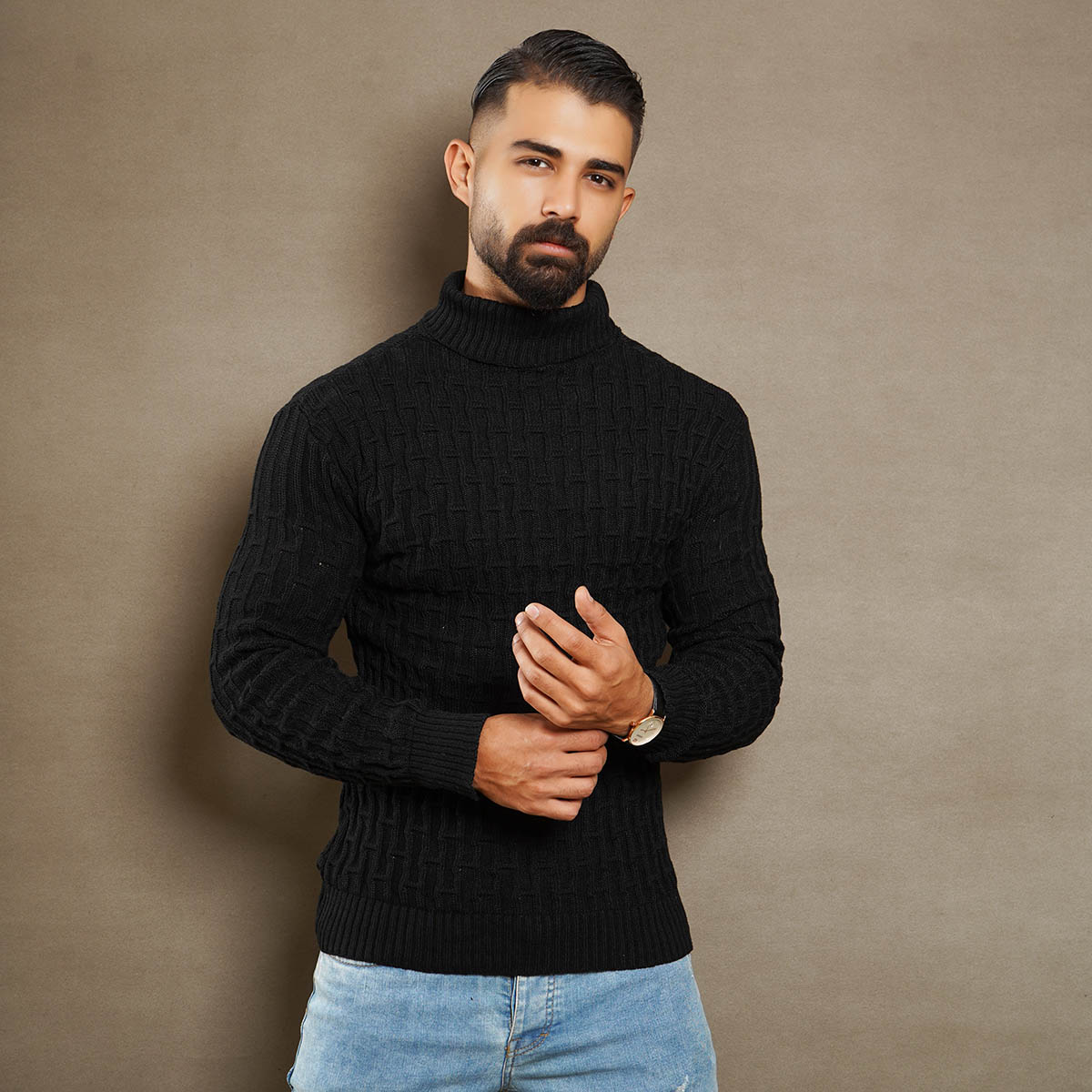 پلیوربافت مردانه مشکی یقه اسکی مدل Arad