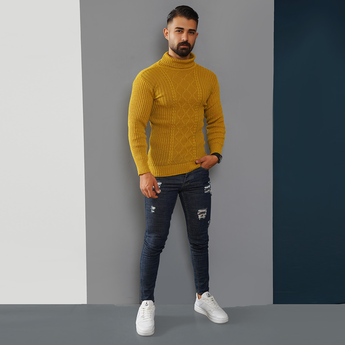 پلیوربافت مردانه خردلی یقه اسکی مدل Hakan