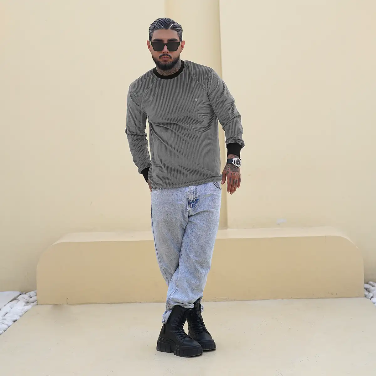 تیشرت آستین بلند طوسی مردانه مدل Behrouz