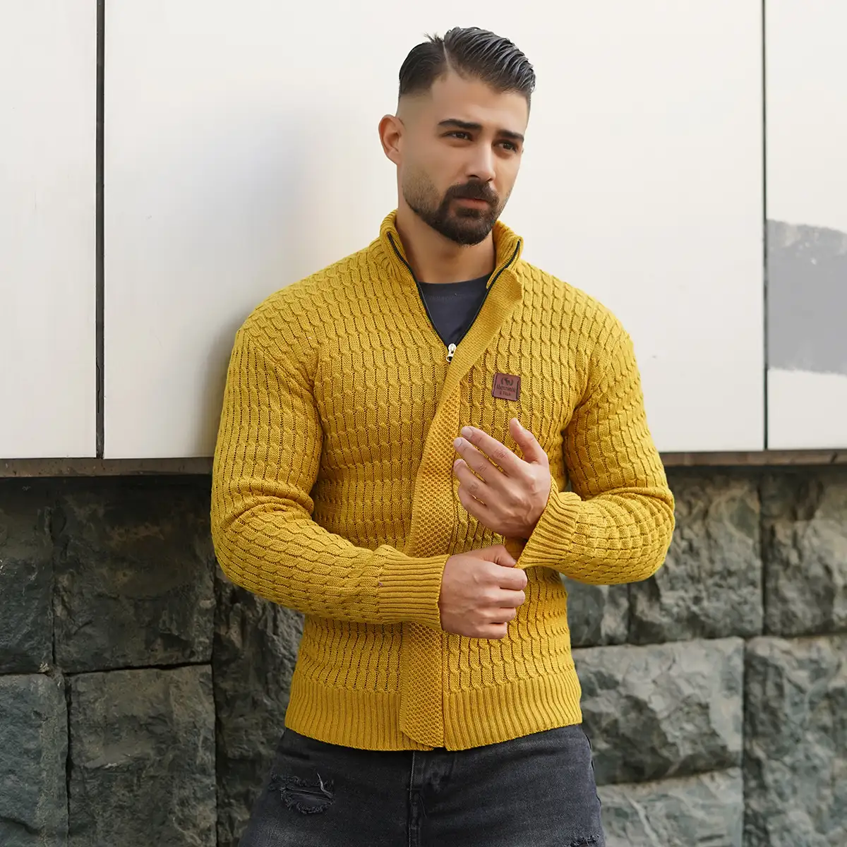 سوئیشرت بافت خردلی مردانه مدل OKSEN