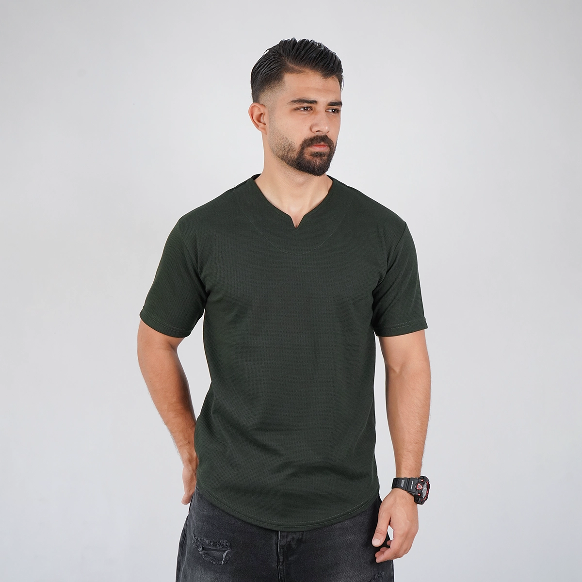 تیشرت سبز یقه کوبایی مردانه مدل Sorad