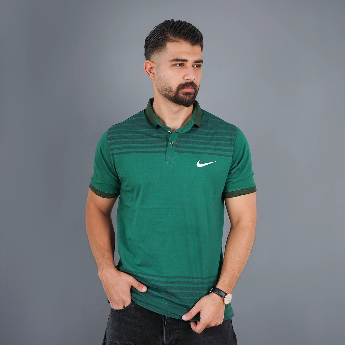 تیشرت یقه دار راه راه سبزمدل Farhan