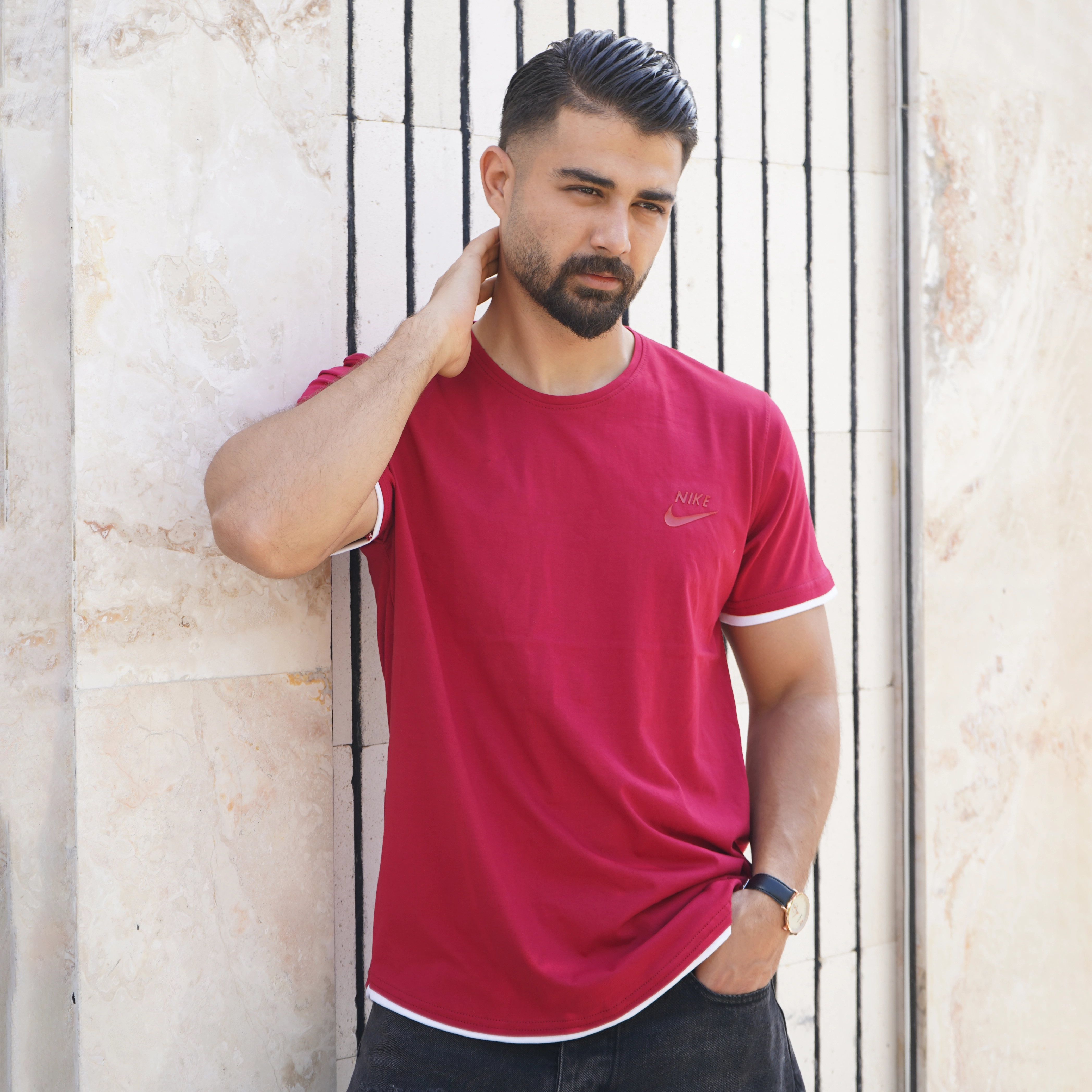 تیشرت یقه گرد قرمز مردانه مدل kamyar