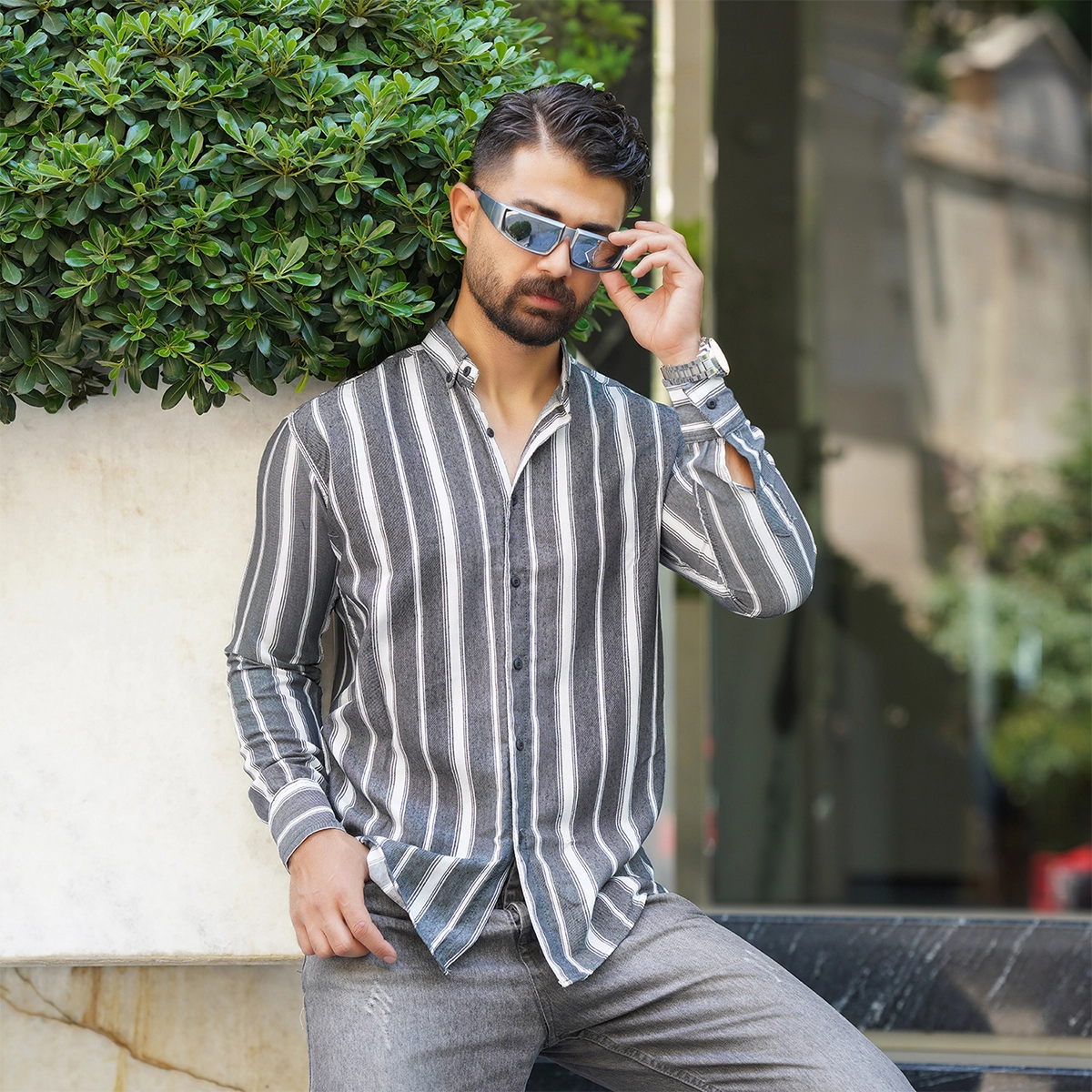 پیراهن راه راه طوسی مردانه مدل Ramin