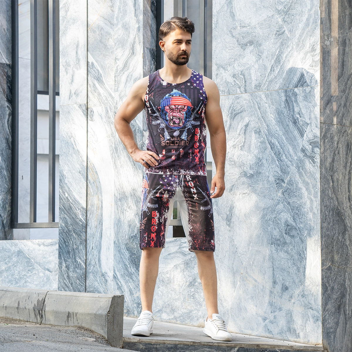 ست رکابی شلوارک مردانه طرح تفنگ مدل USA Soldier