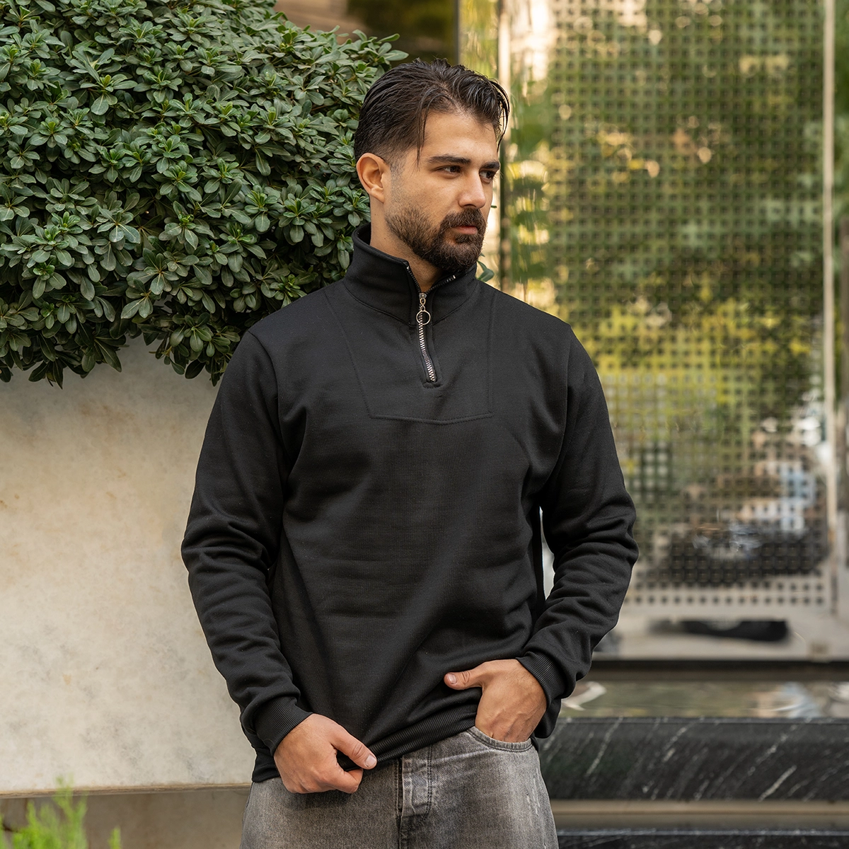 هودی نیم زیپ مردانه مشکی مدل Shobin
