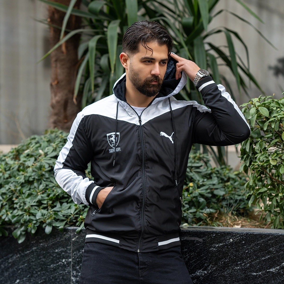 کاپشن مشکی سفید مردانه مدل Ferrari