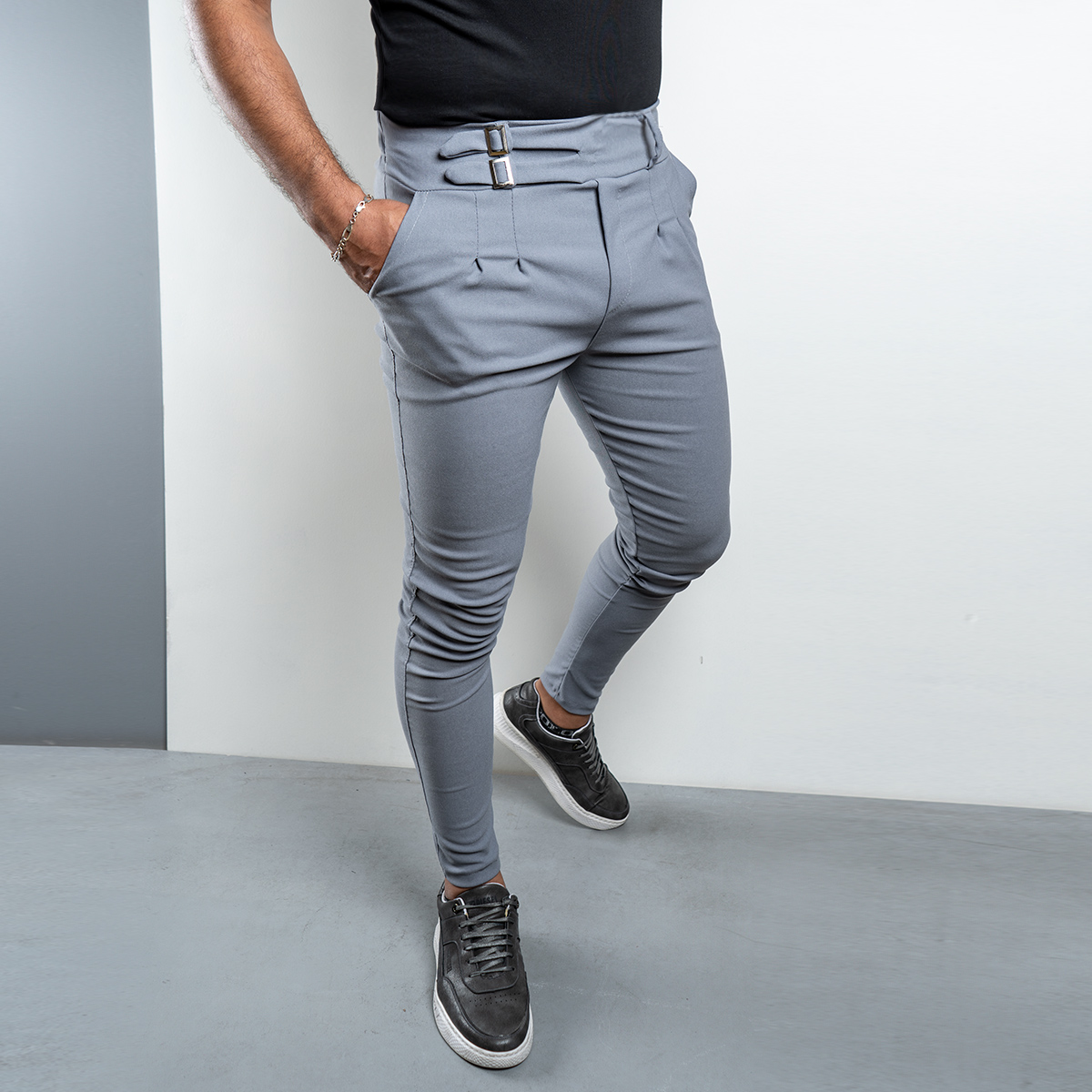 شلوار دو سگک طوسی روشن مردانه مدل Migel