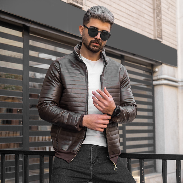 کاپشن چرم مردانه قهوه ای مدل TIMER